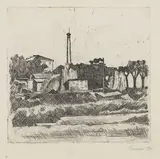 Giorgio Morandi, Paesaggio con la ciminiera (Sobborghi di Bologna), 1926, etching on zinco