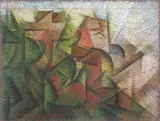Roberto Marcello Iras Baldessari, Dinamismo di alberi + case, 1916, pastel on paper