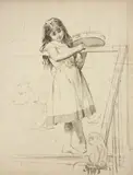 Louis Adan, Bambina con tamburello, scimmia e leonessa, charcoal on paper