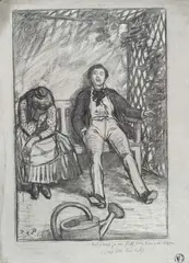 Coppia su di una panchina in giardino by René-Xavier Prinet, charcoal on paper grigia, offered Apr 2015