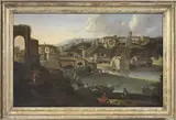 Jacob de Heusch, Veduta di città con fiume (Roma), oil on canvas