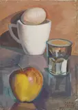 Mario Tozzi, Tazza con l'uovo, bicchiere e mela