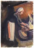 Elisabeth Chaplin, Contadina al fuoco, oil on cardboard