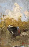 Campagna con tacchini e pollo by Cesare Ciani, oil on cardboard, offered Nov 2014