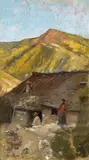 Casolare con contadine by Cesare Ciani, oil on cardboard, offered Nov 2014