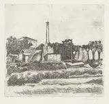 Giorgio Morandi, Paesaggio con la ciminiera (sobborghi di Bologna), 1926, etching on zinco