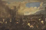 Matteo Stom, Battaglia sotto le mura di una fortezza presso una città, oil on canvas