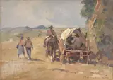 Buttero a cavallo e carro nel paesaggio by Carlo Domenici, oil on compensato, offered Apr 2014