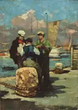 Pescatori in riposo by Renato Natali, oil on compensato, offered Apr 2014