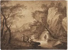 Paesaggio con figure by Giuseppe Bossi, inchiostro and watercolour on paper mm., offered Apr 2014