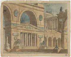 Antonio Basoli, Architettura fantastica raffigurante monumenti romani, inchiostro and watercolour on paper mm.