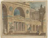 Antonio Basoli, Architettura fantastica raffigurante monumenti romani, inchiostro and watercolour on paper mm.