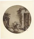Hubert Robert, Paesaggio con rovine e figure, 1777, inchiostro and watercolour on paper mm.