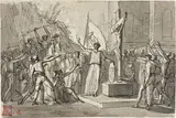 Pietro Benvenuti, Figura femminile davanti al crocifisso arringa una moltitudine di combattenti, inchiostro on paper mm.