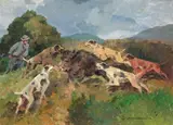 Caccia al cinghiale by Carlo Domenici, oil on faesite, offered Nov 2013