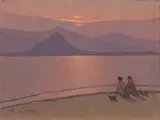 Sul lago verso il tramonto by Giovanni Lomi, oil on faesite, offered Nov 2013