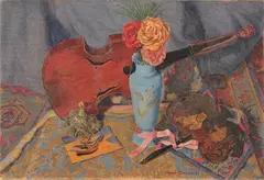 Leone Minassian, Natura morta con la viola e il vasetto celeste, 1942, oil on canvas applicata on panel