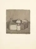 Giorgio Morandi, Natura morta con quattro oggetti e tre bottiglie, 1956, etching on rame