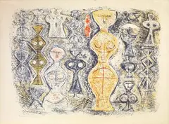 Donne su fondo blu by Massimo Campigli, 1960, lithograph a colori, offered Jun 2013