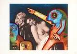 Enrico Baj, Ninon de Lenclos e Eleonora di Navarra sorprese dal Duca di Enghien, 1986, screenprint a colori and collage