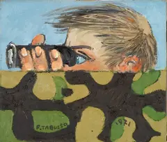 Osservando un nido da un appostamento in una giornata di vento by Francesco Tabusso, 1971, oil on compensato, offered Jun 2013