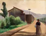 Guido Ferroni, Strada di campagna con casolare e contadina, oil on canvas