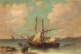Emilio Donnini, Marina con barche e pescatori, oil on canvas