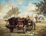 Guido Somelli, Buoi con carro, oil on panel