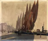 Vincenzo Colucci, Molo con barche a vela, oil on panel