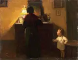 Madre con bambino in interno di sera by Cafiero Filippelli, oil on compensato, offered Apr 2013