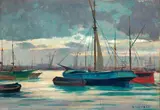 Porto di Livorno by Renato Natali, oil on compensato, offered Apr 2013