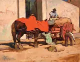 Carro con cavallo e operai by Cafiero Filippelli, oil on compensato, offered Apr 2013