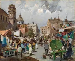 Felice Giordano, Bancarelle napoletane, oil on compensato