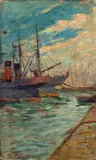 Mario Puccini, Nel porto di Livorno, oil on cardboard