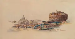 Stefano Donadoni, Veduta di Ponte e di Castel Sant'Angelo a Roma, watercolour on card