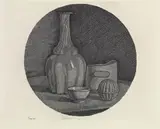 Giorgio Morandi, Grande natura morta circolare con bottiglia e tre oggetti