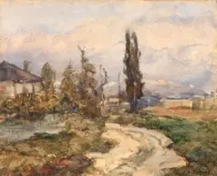 Vittore Antonio Cargnel, Paesaggio, 1927, oil on paper applicata on cardboard