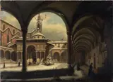 Carlo Canella, Il Chiostro della Chiesa di Santa Croce e la Cappella Pazzi sotto la neve, oil on canvas