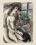 Marc Chagall, Couple et bouquet, 1973, inchiostro and pastel on paper applicata on cardboard