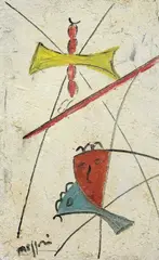 Due entità by Piero Maggioni, 1971, mixed media on panel, offered May 2012