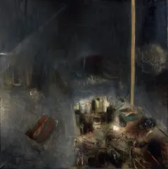 Gianfranco Ferroni, Interno con tavolo e letto, 1959, oil on canvas