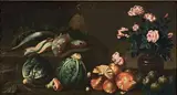 Simone del Tintore, Natura morta con fiori, ortaggi e pesci, oil on canvas
