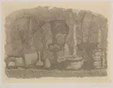 Giorgio Morandi, Natura morta di vasi, bottiglie ecc. su un tavolo, 1929, etching on rame