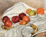 Giorgio de Chirico, Natura morta su un drappo bianco con banane, mele, agrumi