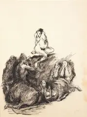 Domenico Gnoli, Scenografia con nudo di donna e cavalli, ink on paper
