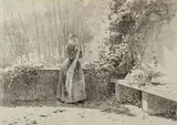 Louis Adan, Donna con la sciarpa in terrazza con cesto di fiori, charcoal on paper
