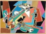 Gino Severini, Natura morta con chitarra, fruttiera e bottiglia