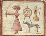 Massimo Campigli, Tiro con l'arco, 1953, oil on canvas applicata on cardboard