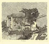 Giorgio Morandi, Le tre case del campiaro a Grizzana, 1929, etching