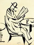 Roberto Marcello Iras Baldessari, Uomo con pipa al bar in lettura, 1917, ink on paper